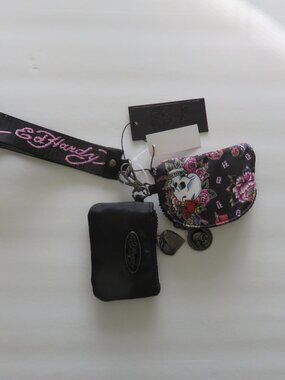 (#132) Ed Hardy 2 Multicolor mini wristlet wallet Zippered Keychain